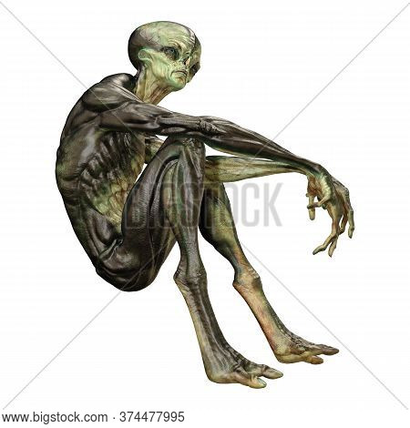3D Rendering Green Alien On White