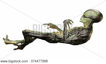 3D Rendering Green Alien On White