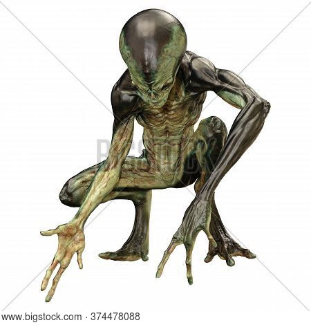 3D Rendering Green Alien On White