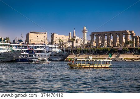 Luxor, Egypt - Jan 28, 2020:The touristic boats on Nile river in Luxor city, Egypt