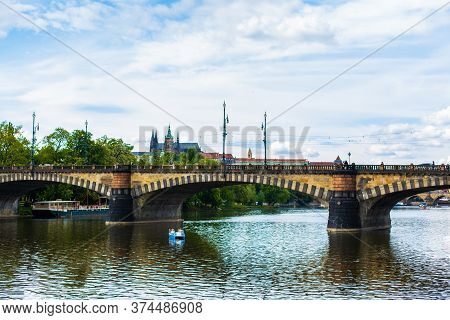 Prague, View Of The Legia Bridge In Summer.