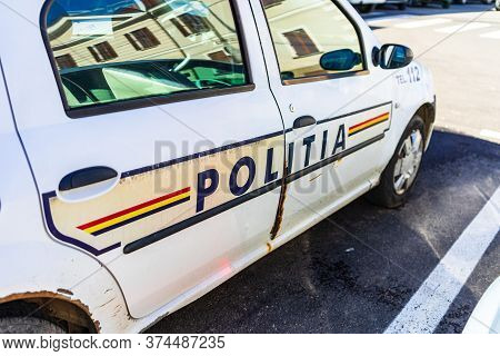 Detail Of Police Car, Close Up Isolated. Local Police Car On The Streets Of Lugoj, Romania, 2020.