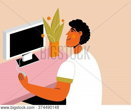 The Guy Looking At The Screen. The Boy Watching The News. Man Working At Home. Freelancer Character.