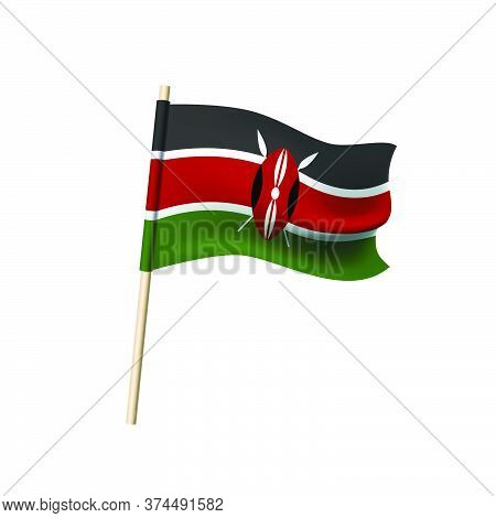 Kenya Flag With Black, White, Red Horizontal Stripes, Masai Shield And Crossed Spears. Vector Illust
