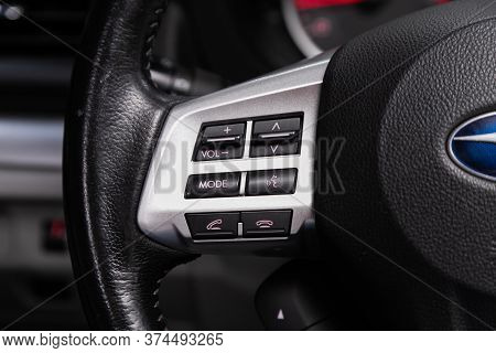 Novosibirsk/ Russia - June 10 2020: Subaru Forester, Car Steering Wheel With Control Buttons, Music 