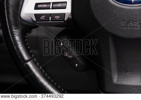 Novosibirsk/ Russia - June 10 2020: Subaru Forester, Car Steering Wheel With Control Buttons, Music 