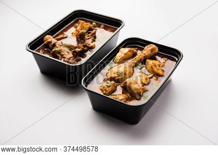 Online Food Delivery - Mutton And Chicken Curry In Plastic Container