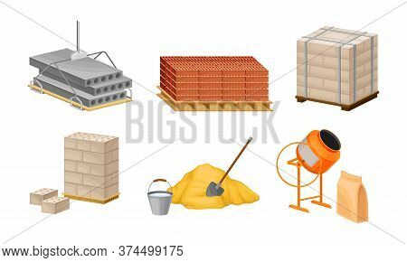 Building And Construction Materials Like Cement And Bricks Vector Set