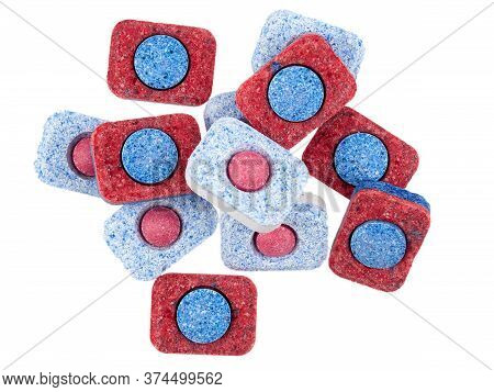 Red And Blue Dishwasher Tabs Isolated On White Background