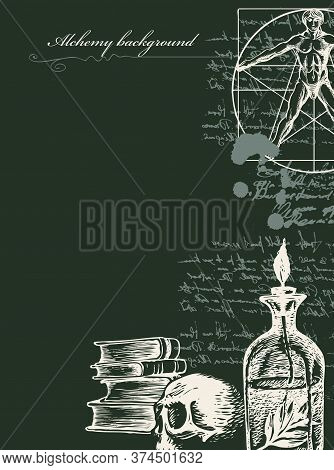 Alchemy Background In Vintage Style. Artistic Illustration On Alchemical Theme With Scribbles Imitat