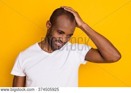Portrait Of Positive Cheerful Afro American Guy Touch His Hair Enjoy Anti Dander Haircare Spa Salon 