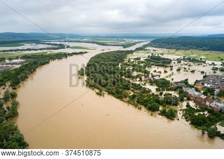 Aerial View Of Dnister River With Dirty Water And  Flooded Houses In Halych Town, Western Ukraine.