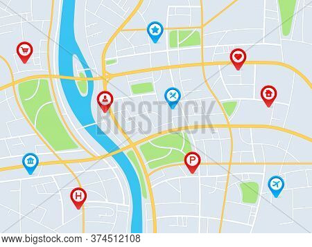 City Map With Pins. Gps Navigation Route With Pointers, Locating Roads And Residential Blocks, Geo T