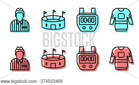 Set Line Stopwatch, Hockey Judge, Referee, Arbiter, Hockey Stadium And Hockey Jersey Icon. Vector