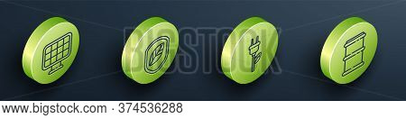 Set Isometric Solar Energy Panel, Shield With Leaf, Electric Saving Plug In Leaf And Barrel Icon. Ve