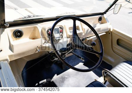 Bordeaux , Aquitaine / France - 06 14 2020 : Citroen Mehari Interior Of Beach Car With Steering Whee