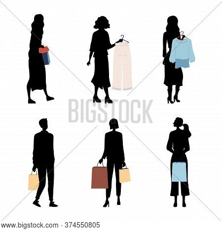 Fashion People Silhouettes, Buyers Or Customers With Trendy Fashion Clothes. Characters Make Purchas
