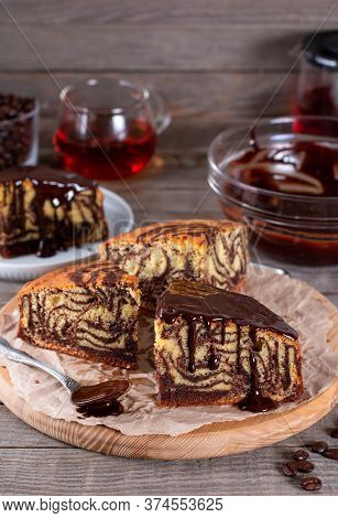Delicious Homemade Marble Zebra Cake/ Sponge Zebra Cake On Wooden Rustic Table