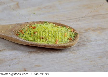Universal Bulk Seasoning For Dishes On A Wooden Background. Vegeta.
