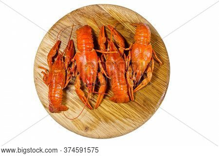Boiled Crayfish On Wooden Cutting Board Isolated On White Background