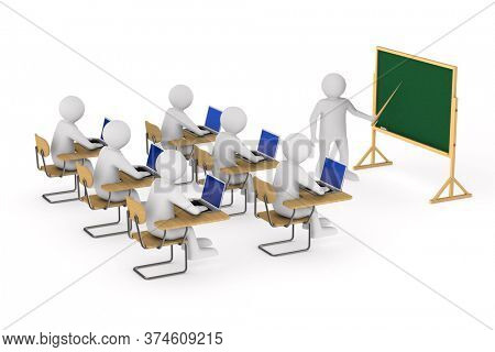 students and teacher on white background. Isolated 3D illustration