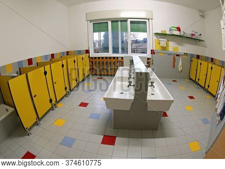Bathroom Toilet Of The School Without People Because There Is The Outdbreak