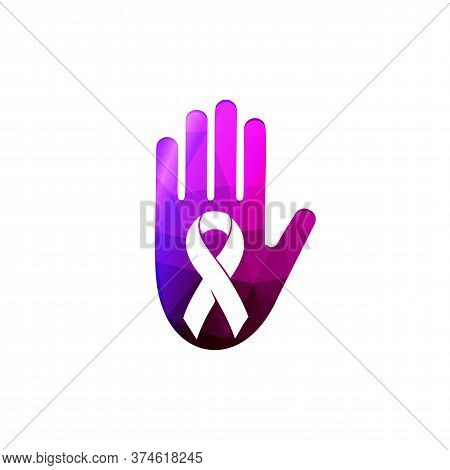 Human Palm With Ribbon Against Home Abuse Logo. Domestic Violence Logotype. Purple Hand Abused Hitti