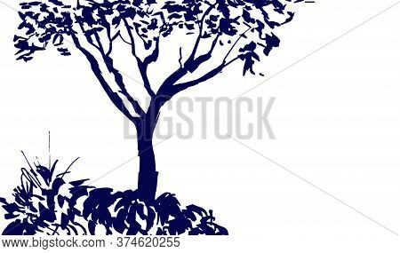 Black Tree Silhouette Isolated On White Background. Isumi-e, U-sin, Gohua Painting Style. Stylized I
