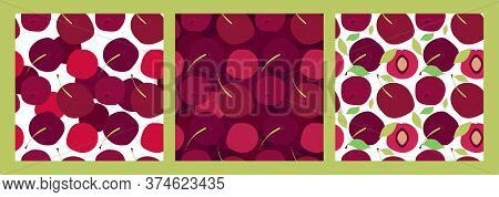 Set Of Three Seamless Patterns With Cartoon Sweet Cherry, Cherrystone, Green Leaves And Twigs. Flat 
