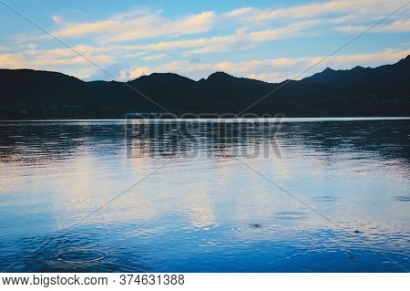 Blue Twilight Sky Reflected On The Waters Of Lake Potrero De Los Funes, In San Luis, Argentina.