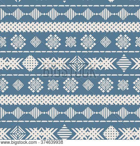 Blue Geometric Embroidery Seamless Vector Pattern Background Texture For Fabric, Wallpaper, Scrapboo