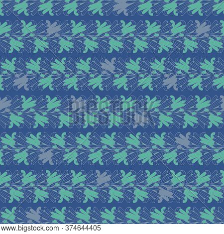 Vector Blue Green Violet Leaves, Petal, Palms Seamless Pattern On Blue Background Print. Surface Pat