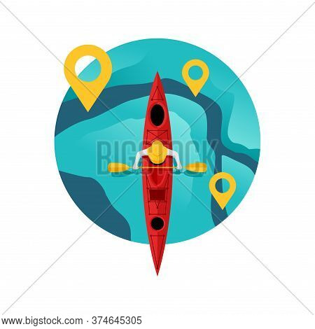 Kayaking Competition Logo - River Route With Gps Pins And Kayak Boat With Oarsmen In Top View - Isol