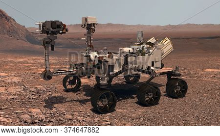 Mars. The Perseverance Rover Deploys Its Equipment Against The Backdrop Of A True Martian Landscape.