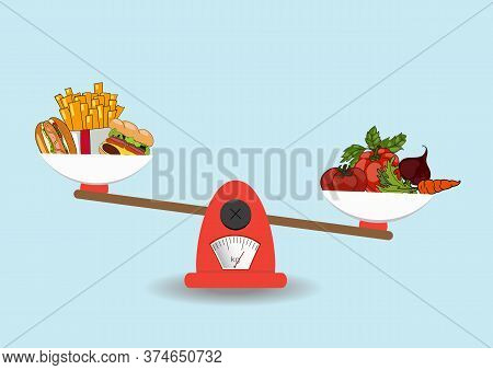 Concept Of Weight Loss, Healthy Lifestyles, Diet, Proper Nutrition. Vegetables And Fast Food On Scal