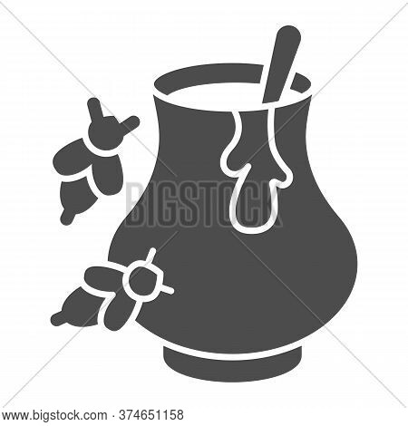 Clay Pot With Honey And Bees Solid Icon, Beekeeping Concept, Natural Honey In Pot Sign On White Back