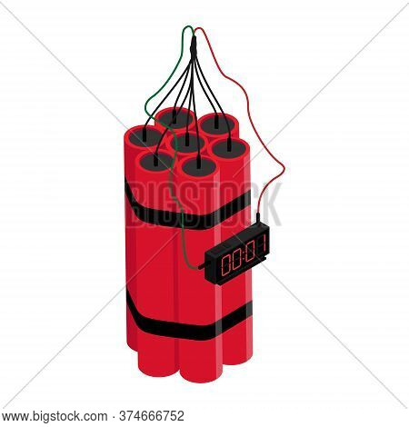 Realistic Detailed Isometric Red Detonate Dynamite Bomb Stick And Timer Clock Isolated On White Back