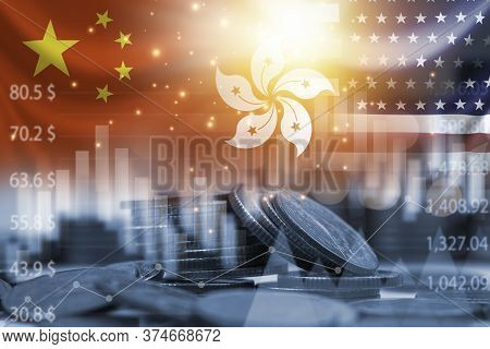 Usa China And Hong Kong Flag On Coins Stacking .it Is Symbol Of Economic Crisis During Tensions From