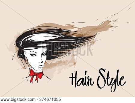 Hand Drawn Beautiful Young Woman Face. Fashion.  Beautiful Woman Face