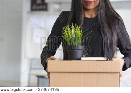 Business Lay-off /resign Job. Person Holding Personal Stuff And Leaving Workplace.