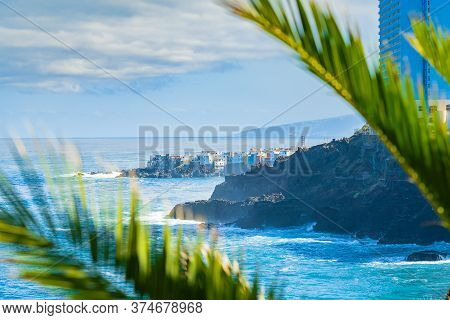 View On Ocean Shore And Colorful Buildings On The Rock In Punta Brava Through The Palm Leaves, Puert