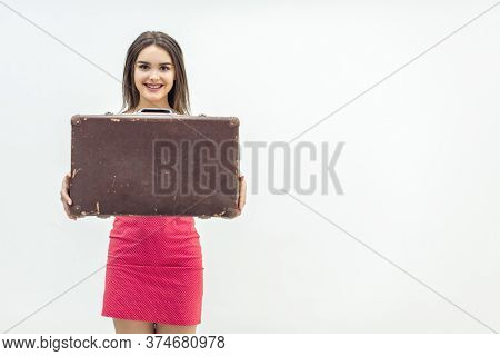 Young Old-fashioned Female In Summer Outfit Sitting Holding A Retro Suitcase Ready For Increadible V