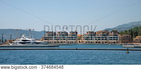 Yacht And Modern Houses Kumbor In Kotor Bay. Montenegro