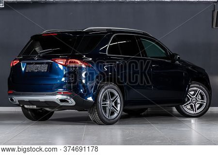 Novosibirsk/ Russia - April 21 2020: Blue Mercedes Benz Gle-class,  Mid-range Luxury Suv, Back View.