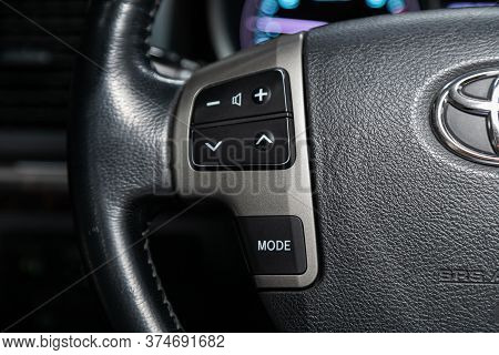 Novosibirsk/ Russia - June 15  2020:  Toyota Land Cruiser 200, Car Steering Wheel With Control Butto