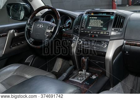 Novosibirsk/ Russia - June 15  2020:  Toyota Land Cruiser 200, Black Luxury Car Interior - Dashboard