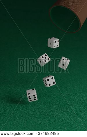 Dice Rolling On A Green Cloth. 3D Illustration.