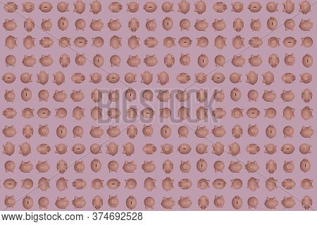 Decorative Background With Pink Piggy Banks In Different Positions. 3D Illustration.