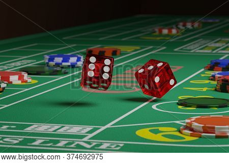 Close Up Of Dice Rolling On A Craps Table. Random Concept. 3D Illustration.