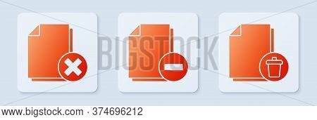 Set Document With Minus, Delete File Document And Delete File Document. White Square Button. Vector